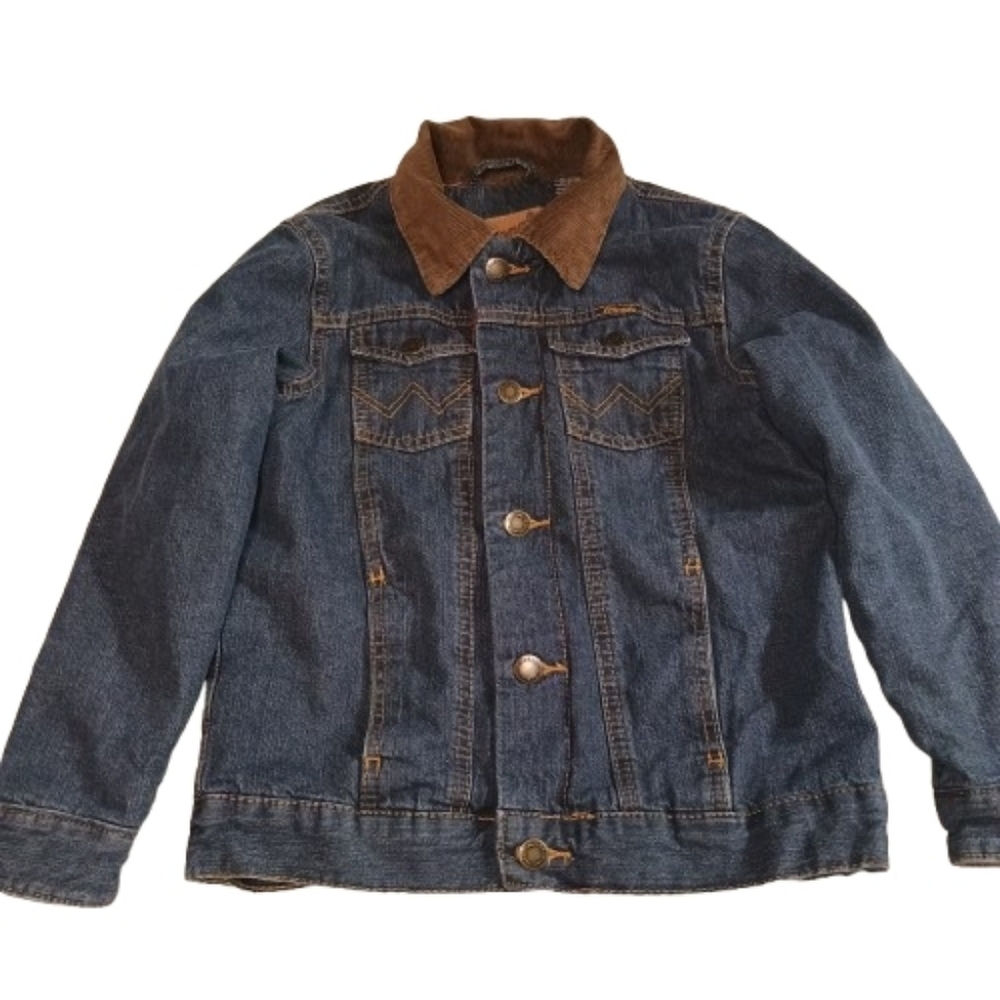 Wrangler‎ Kids Western Denim Jacket Corduroy Collar Red Plaid Lined M 159